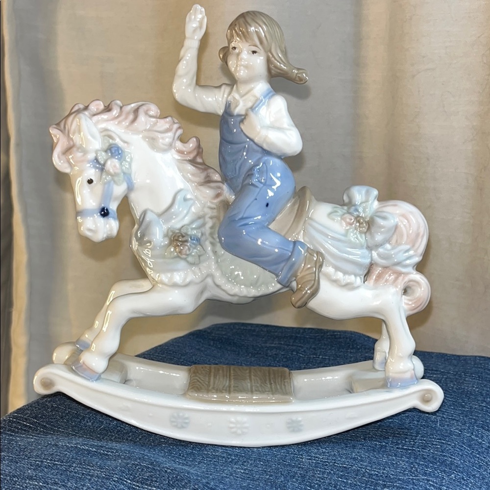 Porcelain‎ Rocking Horse Figurine with Child - Blue and White